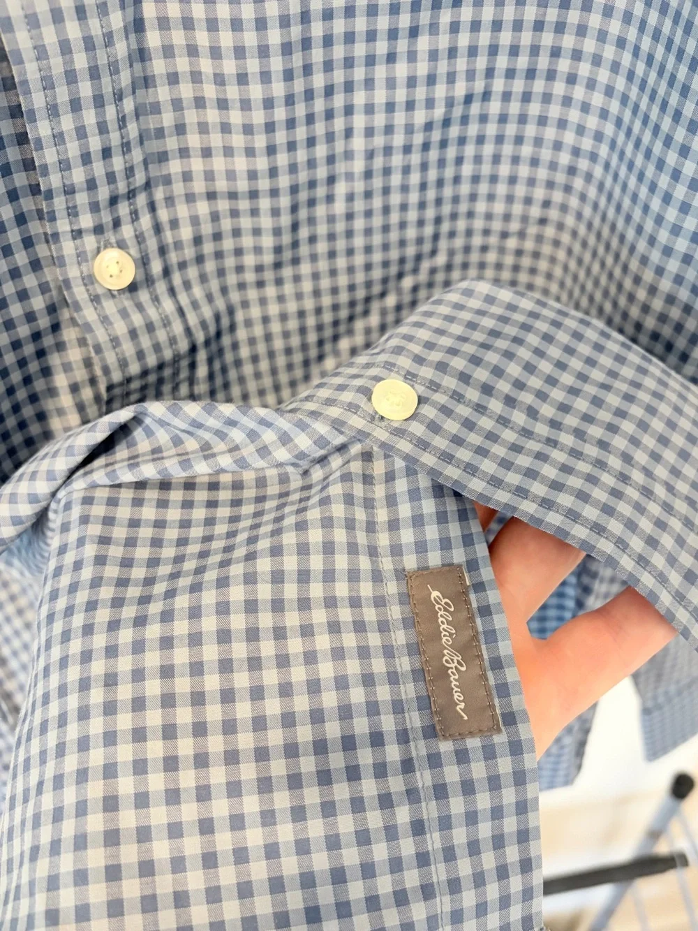 Eddie Bauer Men TL Wrinkle Free Relaxed Fit Long Sleeve Gingham Shirt Blue